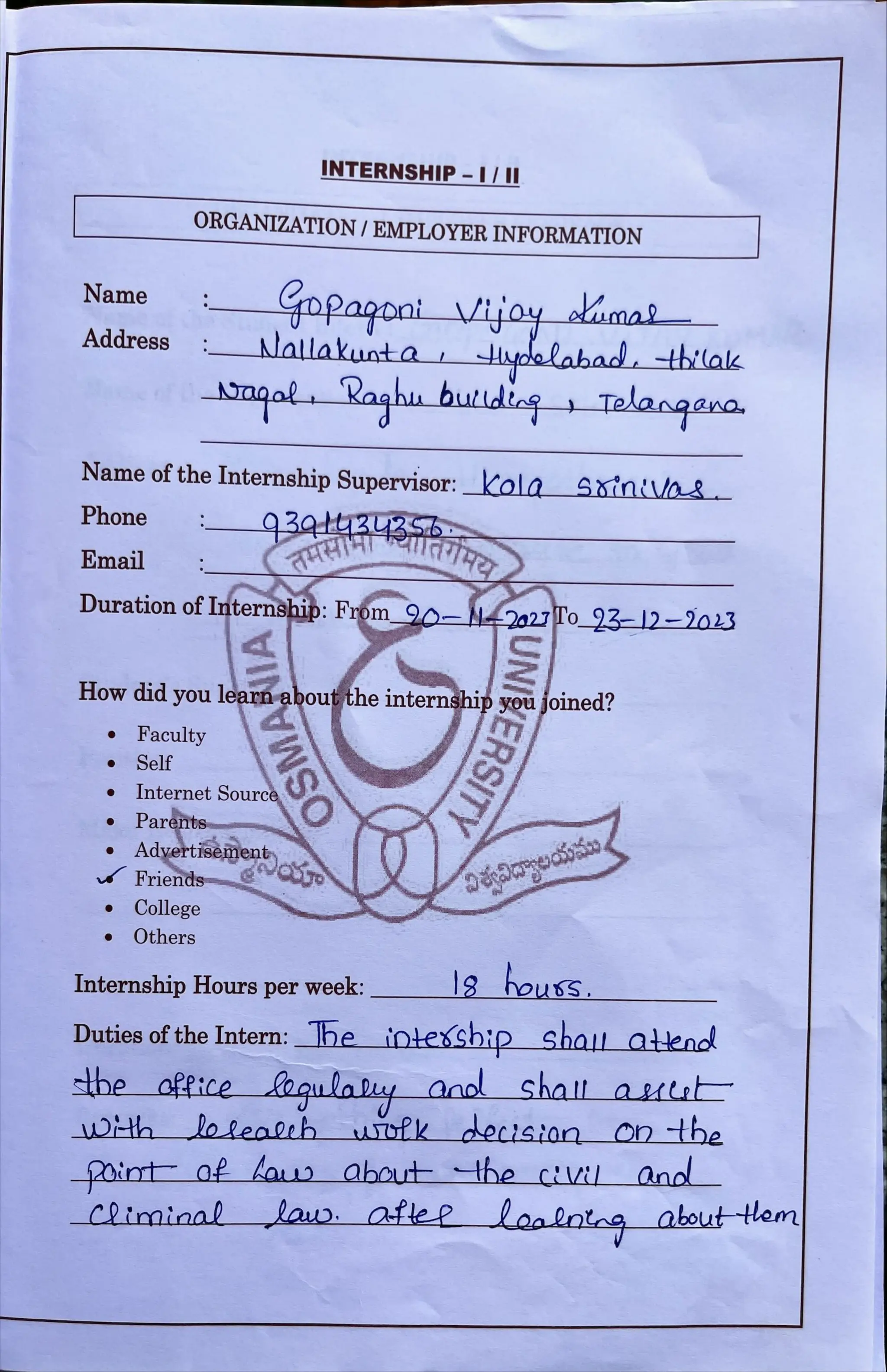 Internship Diary Osmania University 3 YD