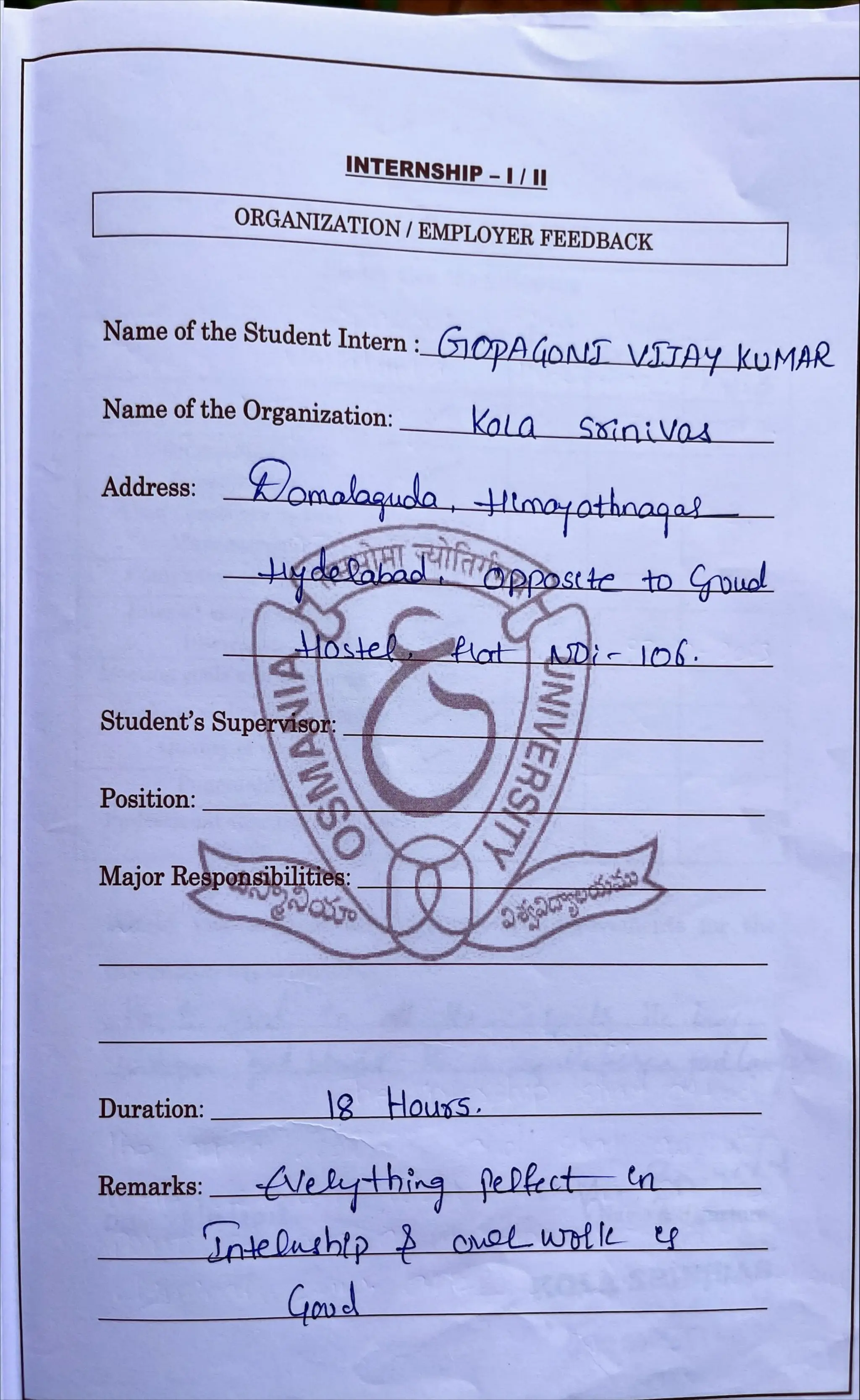 Internship Diary Osmania University 3 YD