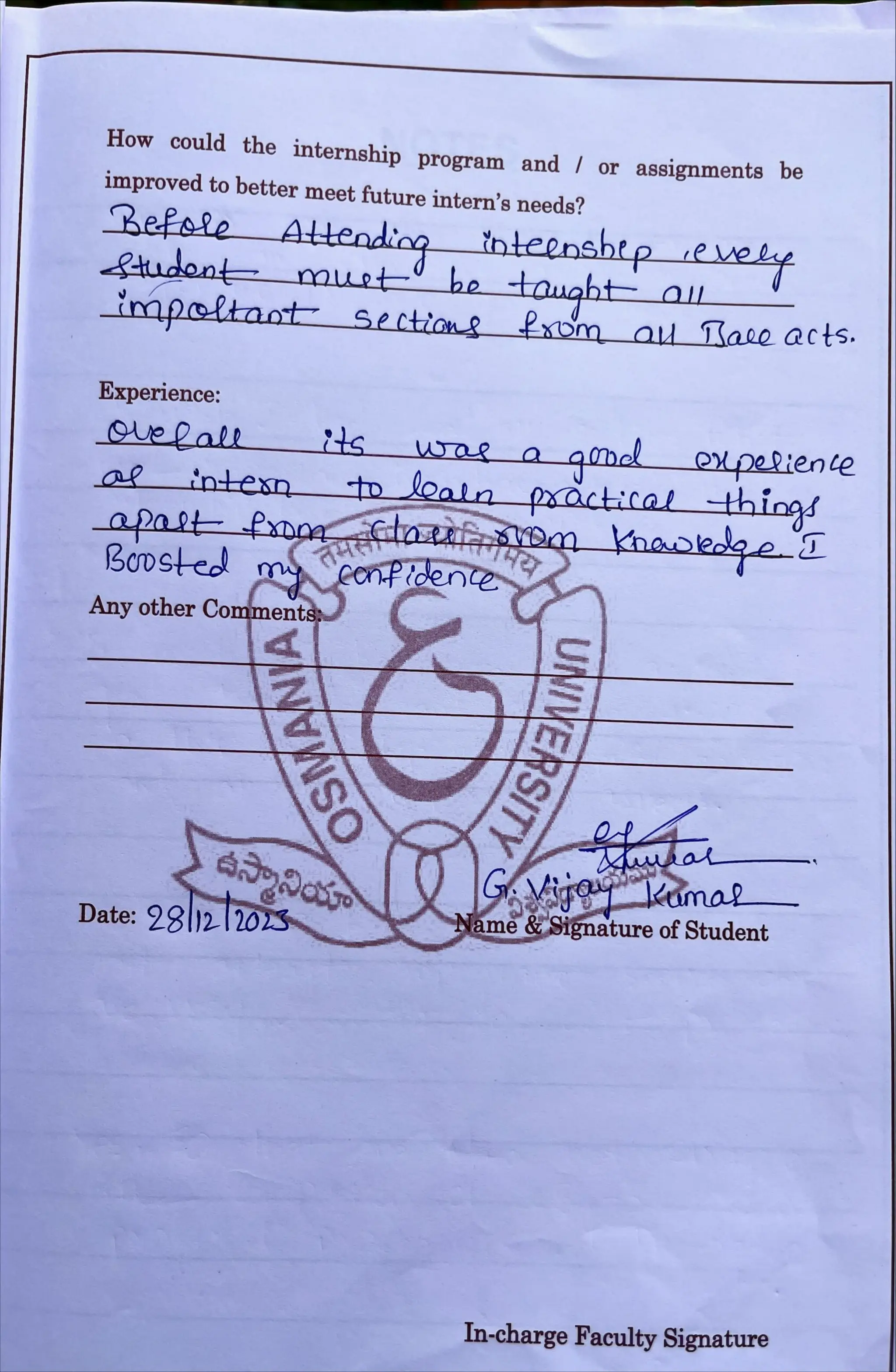 Internship Diary Osmania University 3 YD