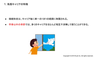 ● 接続形状は、キャリア毎に単一の1対1の経路に制限される。
● 早春以外の季節では、多くのキャリアをほとんど相互干渉無しで使うことができる。
1. 鳥類キャリアの特徴
Copyright © 2018 KLab Inc. All rights reserved.
 