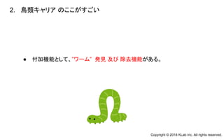 ● 付加機能として、”ワーム” 発見 及び 除去機能がある。
2. 鳥類キャリア のここがすごい
Copyright © 2018 KLab Inc. All rights reserved.
 