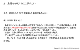 過去、何回かこの RFC を実現した事例があるらしい
例: 2009年 南アフリカ
　あまりにインターネット接続が不安定であることに怒りを感じた IT 企業の職員が、伝書
鳩の足にメモリカードをくくりつけて飛ばすのと ADSL でのデータ転送を比べて「伝書鳩
のほうがインターネットより速い」というパフォーマンスを行った。
　生後１１カ月の鳩「ウィンストン」は、８０キロを１時間８分で飛び、
　データをダウンロードする時間を含めても２時間６分５７秒だった。
　一方、インターネットを使った伝送では、この間にデータの４％しか送ることができな
かった。
2. 鳥類キャリア のここがすごい
Copyright © 2018 KLab Inc. All rights reserved.
 