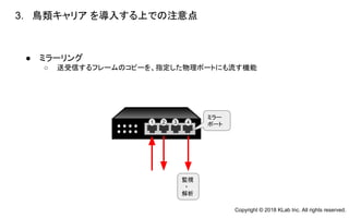● ミラーリング
○ 送受信するフレームのコピーを、指定した物理ポートにも流す機能　　
3. 鳥類キャリア を導入する上での注意点
　
1 2 3 4
ミラー
ポート
監視
・
解析
Copyright © 2018 KLab Inc. All rights reserved.
 