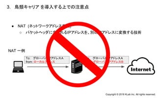 ● NAT (ネットワークアドレス変換)
○ パケットヘッダに含まれるIPアドレスを、別のIPアドレスに変換する技術
3. 鳥類キャリア を導入する上での注意点
　
NAT 一例
To: 　グローバルIPアドレスA
from: ローカルアドレス
To: 　グローバルIPアドレスA
from: グローバルIPアドレスB
Copyright © 2018 KLab Inc. All rights reserved.
 