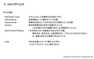・Standards Track　 ：プロトコルとしての標準化を目指す RFC
・Informational ：参考情報として公開されている文書
・Experimental ：実験的な試みとしての手法などが公開されている文書
・Historic ：歴史的経緯を知る目的で記載されている。
この分類の RFCを実際に使うことは推奨されていない
・Best Current Practice ：「その時点における最良の方法」を示す文書。
運用方法、活用方法、心得(原則)など、プロトコルそのものではない
が、重要と思われる事柄が示されている
・Joke ：その名の通りジョークで書かれたRFC。
4/1(エイプリルフール)に発行される。
0. Joke RFCとは
RFCの種類
Copyright © 2018 KLab Inc. All rights reserved.
 