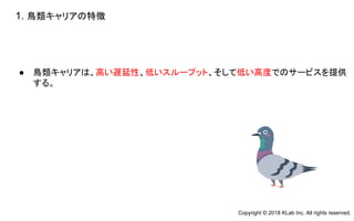 ● 鳥類キャリアは、高い遅延性、低いスループット、そして低い高度でのサービスを提供
する。
1. 鳥類キャリアの特徴
Copyright © 2018 KLab Inc. All rights reserved.
 