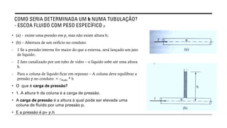 COMO SERIA DETERMINADA UM h NUMA TUBULAÇÃO?
- ESCOA FLUIDO COM PESO ESPECÍFICO ℽ
• (a) - existe uma pressão em p, mas não existe altura h;
• (b) – Abertura de um orifício no conduto:
- 1 Se a pressão interna for maior do que a externa, será lançado um jato
de líquido;
- 2 Jato canalizado por um tubo de vidro – o líquido sobe até uma altura
h.
- Para a coluna de líquido ficar em repouso – A coluna deve equilibrar a
pressão p no conduto: = ℽfluido * h
• O que é carga de pressão?
• 1. A altura h da coluna é a carga de pressão.
• A carga de pressão é a altura à qual pode ser elevada uma
coluna de fluido por uma pressão p.
• E a pressão é p= ℽ.h
 