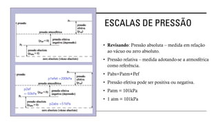 ESCALAS DE PRESSÃO
• Revisando: Pressão absoluta – medida em relação
ao vácuo ou zero absoluto.
• Pressão relativa – medida adotando-se a atmosférica
como referência.
• Pabs=Patm+Pef
• Pressão efetiva pode ser positiva ou negativa.
• Patm = 101kPa
• 1 atm = 101kPa
 