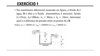 EXERCÍCIO 1
• No manômetro diferencial mostrado na figura, o fluido A é
água, B é óleo e o fluido manométrico é mercúrio. Sendo
h1=25cm, h2=100cm, h3 = 80cm e h4 = 10cm, determine
qual é a diferença de pressão entre os pontos A e B.
Dados: γh20 = 10000N/m³, γHg = 136000N/m³, γóleo = 8000N/m³.
 