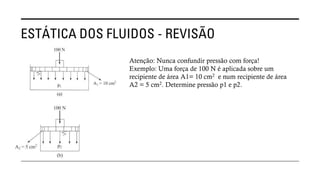 ESTÁTICA DOS FLUIDOS - REVISÃO
Atenção: Nunca confundir pressão com força!
Exemplo: Uma força de 100 N é aplicada sobre um
recipiente de área A1= 10 cm2 e num recipiente de área
A2 = 5 cm2. Determine pressão p1 e p2.
 