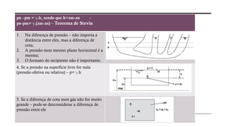 pn –pm = ℽ.h, sendo que h=zm-zn -
pn-pm= ℽ.(zm-zn) – Teorema de Stevin
1. Na diferença de pressão – não importa a
distância entre eles, mas a diferença de
cota;
2. A pressão num mesmo plano horizontal é a
mesma;
3. O formato do recipiente não é importante;
4. Se a pressão na superfície livre for nula
(pressão efetiva ou relativa) – p= ℽ.h
5. Se a diferença de cota num gás não for muito
grande – pode-se desconsiderar a diferença de
pressão entre ele
 