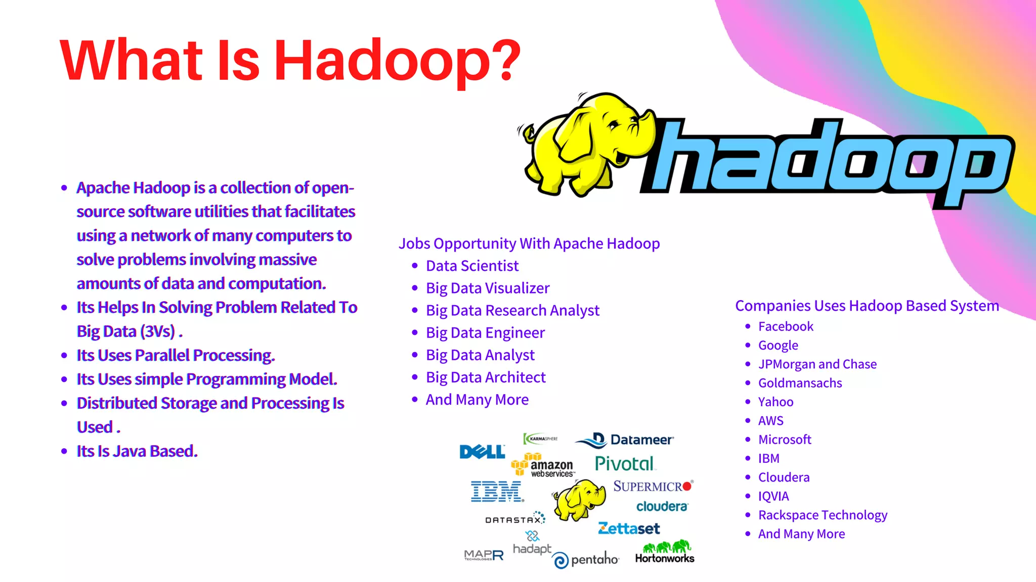 What Is Hadoop?
Facebook
Google
JPMorgan and Chase
Goldmansachs
Yahoo
AWS
Microsoft
IBM
Cloudera
IQVIA
Rackspace Technology
And Many More
Companies Uses Hadoop Based System
Data Scientist
Big Data Visualizer
Big Data Research Analyst
Big Data Engineer
Big Data Analyst
Big Data Architect
And Many More
Jobs Opportunity With Apache Hadoop
 