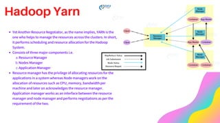 Hadoop Yarn
Yet Another Resource Negotiator, as the name implies, YARN is the
one who helps to manage the resources across the clusters. In short,
it performs scheduling and resource allocation for the Hadoop
System.
Consists of three major components i.e.
Resource Manager
Nodes Manager
Application Manager
Resource manager has the privilege of allocating resources for the
applications in a system whereas Node managers work on the
allocation of resources such as CPU, memory, bandwidth per
machine and later on acknowledges the resource manager.
Application manager works as an interface between the resource
manager and node manager and performs negotiations as per the
requirement of the two.
a.
b.
c.
 