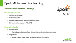 Page 52 © Hortonworks Inc. 2011 – 2015. All Rights Reserved
Spark ML for machine learning
Democratizes Machine Learning
Unsupervised tasks
• Clustering (K-means)
• Recommendation
• Collaborative Filtering: alternating least squares
• Dimensionality reduction: PCA, SVD
Supervised tasks
• Classification
• Naïve Bayes, Decision Tree, Random Forest, Gradient boosted trees
• Regression
• Linear models (SVM, linear regression, logistic regression)
 