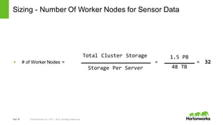 Page 66 © Hortonworks Inc. 2011 – 2015. All Rights Reserved
Sizing - Number Of Worker Nodes for Sensor Data
§ # of Worker Nodes = = = 32
Storage Per Server
Total Cluster Storage 1.5 PB
48 TB
 