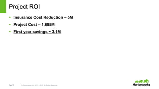 Page 78 © Hortonworks Inc. 2011 – 2015. All Rights Reserved
Project ROI
§ Insurance Cost Reduction – 5M
§ Project Cost – 1.885M
§ First year savings ~ 3.1M
 