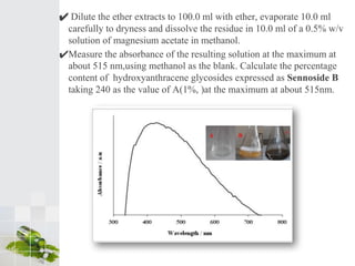 ✔ Dilute the ether extracts to 100.0 ml with ether, evaporate 10.0 ml
carefully to dryness and dissolve the residue in 10.0 ml of a 0.5% w/v
solution of magnesium acetate in methanol.
✔Measure the absorbance of the resulting solution at the maximum at
about 515 nm,using methanol as the blank. Calculate the percentage
content of hydroxyanthracene glycosides expressed as Sennoside B
taking 240 as the value of A(1%, )at the maximum at about 515nm.
 