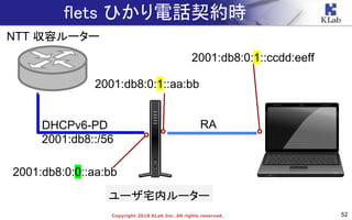 52Copyright 2018 KLab Inc. All rights reserved.
flets ひかり電話契約時
NTT 収容ルーター
ユーザ宅内ルーター
DHCPv6-PD
2001:db8::/56
RA
2001:db8:0:0::aa:bb
2001:db8:0:1::aa:bb
2001:db8:0:1::ccdd:eeff
 