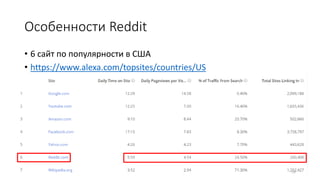 Особенности Reddit
• 6 сайт по популярности в США
• https://www.alexa.com/topsites/countries/US
12
 