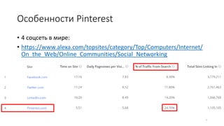 Особенности Pinterest
• 4 соцсеть в мире:
• https://www.alexa.com/topsites/category/Top/Computers/Internet/
On_the_Web/Online_Communities/Social_Networking
7
 