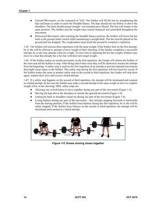 Chapter 1
14 ACFT IOC OCT 2019
 Upward Movement: on the command of “GO,” the Soldier will lift the bar by straightening the
hips and knees in order to reach the Straddle Stance. The hips should not rise before or above the
shoulders. The back should remain straight - not rounded out or flexed. The feet will remain in the
same position. The Soldier and the weight must remain balanced and controlled throughout the
movement.
 Downward Movement: after reaching the Straddle Stance position, the Soldier will lower the bar
back to the ground under control while maintaining a straight back. The bar must be placed on the
ground and not dropped. The weight plates must touch the ground to complete a repetition.
1-45. The Soldier will execute three repetitions with the same weight. If the Soldier fails on the first attempt,
he or she will be allowed to attempt a lower weight of their choosing. If the Soldier completes a successful
attempt, he or she may attempt a heavier weight. To save time in adjusting the hex bar weight, Soldiers may
move to a lane that already has a hex bar with their new target weight.
1-46. If the Soldier makes an unsafe movement on the first repetition, the Grader will inform the Soldier of
the error and tell the Soldier to stop. After being told of their error they will be allowed to resume the attempt
from the beginning. A safety stop is used on the first repetition of an attempt to prevent repeated movements
that might cause injury to the Soldier. This safety stop during the first repetition will not count for record. If
the Soldier makes the same or another safety stop on the second or third repetition, the Grader will stop them
again, explain their error and record a failed attempt.
1-47. If a safety stop happens on the second or third repetition, the attempt will be terminated and counted
as a failed attempt. In this case the Soldier may make a second attempt at the same weight or move to a lighter
weight of his or her choosing. MDL safety stops are:
 Allowing one or both knees to move together during any part of the movement (Figure 1-5).
 Moving the hips above the shoulders to initiate the upward movement (Figure 1-6).
 Letting the back or shoulders round out during any part of the movement (Figure 1-6).
 Losing balance during any part of the movement – this includes stepping forwards or backwards
from the starting position. If the Soldier loses balance during the first repetition, he or she will be
safety stopped. If the Soldier loses balance on the second or third repetition, the attempt will be
terminated and counted as a failed attempt.
Figure 1-5. Knees moving closer together
 