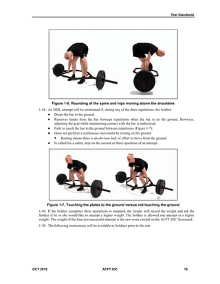 Test Standards
OCT 2019 ACFT IOC 15
Figure 1-6. Rounding of the spine and hips moving above the shoulders
1-48. An MDL attempt will be terminated if, during any of the three repetitions, the Soldier:
 Drops the bar to the ground.
 Removes hands from the bar between repetitions when the bar is on the ground. However,
adjusting the grip while maintaining contact with the bar is authorized.
 Fails to touch the bar to the ground between repetitions (Figure 1-7).
 Does not perform a continuous movement by resting on the ground.
 Resting means there is an obvious lack of effort to move from the ground.
 Is called for a safety stop on the second or third repetition of an attempt.
Figure 1-7. Touching the plates to the ground versus not touching the ground
1-49. If the Soldier completes three repetitions to standard, the Grader will record the weight and ask the
Soldier if he or she would like to attempt a higher weight. The Soldier is allowed one attempt at a higher
weight. The weight of the heaviest successful attempt is the raw score circled on the ACFT IOC Scorecard.
1-50. The following instructions will be available to Soldiers prior to the test:
 