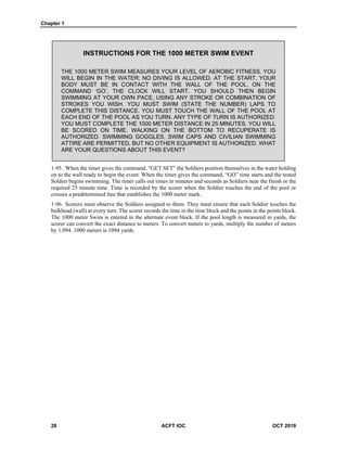 Chapter 1
28 ACFT IOC OCT 2019
INSTRUCTIONS FOR THE 1000 METER SWIM EVENT
THE 1000 METER SWIM MEASURES YOUR LEVEL OF AEROBIC FITNESS. YOU
WILL BEGIN IN THE WATER; NO DIVING IS ALLOWED. AT THE START, YOUR
BODY MUST BE IN CONTACT WITH THE WALL OF THE POOL. ON THE
COMMAND ‘GO’, THE CLOCK WILL START. YOU SHOULD THEN BEGIN
SWIMMING AT YOUR OWN PACE, USING ANY STROKE OR COMBINATION OF
STROKES YOU WISH. YOU MUST SWIM (STATE THE NUMBER) LAPS TO
COMPLETE THIS DISTANCE. YOU MUST TOUCH THE WALL OF THE POOL AT
EACH END OF THE POOL AS YOU TURN. ANY TYPE OF TURN IS AUTHORIZED.
YOU MUST COMPLETE THE 1000 METER DISTANCE IN 25 MINUTES. YOU WILL
BE SCORED ON TIME. WALKING ON THE BOTTOM TO RECUPERATE IS
AUTHORIZED. SWIMMING GOGGLES, SWIM CAPS AND CIVILIAN SWIMMING
ATTIRE ARE PERMITTED, BUT NO OTHER EQUIPMENT IS AUTHORIZED. WHAT
ARE YOUR QUESTIONS ABOUT THIS EVENT?
1-95. When the timer gives the command, “GET SET” the Soldiers position themselves in the water holding
on to the wall ready to begin the event. When the timer gives the command, “GO” time starts and the tested
Soldier begins swimming. The timer calls out times in minutes and seconds as Soldiers near the finish or the
required 25 minute time. Time is recorded by the scorer when the Soldier touches the end of the pool or
crosses a predetermined line that establishes the 1000 meter mark.
1-96. Scorers must observe the Soldiers assigned to them. They must ensure that each Soldier touches the
bulkhead (wall) at every turn. The scorer records the time in the time block and the points in the points block.
The 1000 meter Swim is entered in the alternate event block. If the pool length is measured in yards, the
scorer can convert the exact distance to meters. To convert meters to yards, multiply the number of meters
by 1.094. 1000 meters is 1094 yards.
 