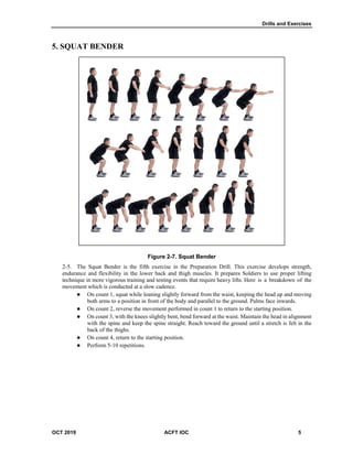 Drills and Exercises
OCT 2019 ACFT IOC 5
5. SQUAT BENDER
Figure 2-7. Squat Bender
The Squat Bender is the fifth exercise in the Preparation Drill. This exercise develops strength,
endurance and flexibility in the lower back and thigh muscles. It prepares Soldiers to use proper lifting
technique in more vigorous training and testing events that require heavy lifts. Here is a breakdown of the
movement which is conducted at a slow cadence.
 On count 1, squat while leaning slightly forward from the waist, keeping the head up and moving
both arms to a position in front of the body and parallel to the ground. Palms face inwards.
 On count 2, reverse the movement performed in count 1 to return to the starting position.
 On count 3, with the knees slightly bent, bend forward at the waist. Maintain the head in alignment
with the spine and keep the spine straight. Reach toward the ground until a stretch is felt in the
back of the thighs.
 On count 4, return to the starting position.
 Perform 5-10 repetitions.
 