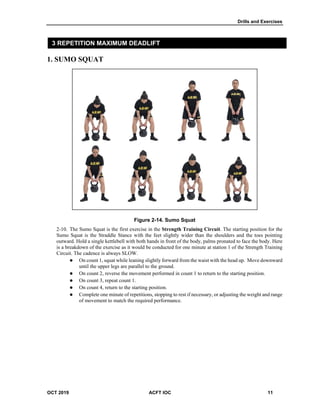 Drills and Exercises
OCT 2019 ACFT IOC 11
3 REPETITION MAXIMUM DEADLIFT
1. SUMO SQUAT
Figure 2-14. Sumo Squat
The Sumo Squat is the first exercise in the Strength Training Circuit. The starting position for the
Sumo Squat is the Straddle Stance with the feet slightly wider than the shoulders and the toes pointing
outward. Hold a single kettlebell with both hands in front of the body, palms pronated to face the body. Here
is a breakdown of the exercise as it would be conducted for one minute at station 1 of the Strength Training
Circuit. The cadence is always SLOW.
 On count 1, squat while leaning slightly forward from the waist with the head up. Move downward
until the upper legs are parallel to the ground.
 On count 2, reverse the movement performed in count 1 to return to the starting position.
 On count 3, repeat count 1.
 On count 4, return to the starting position.
 Complete one minute of repetitions, stopping to rest if necessary, or adjusting the weight and range
of movement to match the required performance.
 
