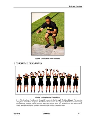 Drills and Exercises
OCT 2019 ACFT IOC 19
Figure 2-24. Power Jump modified
2. OVERHEAD PUSH-PRESS
Figure 2-25. Overhead Push-Press
The Overhead Push Press is the eighth exercise in the Strength Training Circuit. This exercise
strengthens the Soldier’s triceps and shoulder muscle endurance. This improves the Soldier’s skill in moving
heavier weight overhead to build muscular power and strength. Here is a breakdown of the exercise as it
would be conducted for one minute at station 8 of the Strength Training Circuit.
 