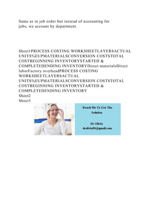 Same as in job order but instead of accounting for
jobs, we account by department.
Sheet1PROCESS COSTING WORKSHEETLAYERSACTUAL
UNITS%EUPMATERIALSCONVERSION COSTSTOTAL
COSTBEGINNING INVENTORYSTARTED &
COMPLETEDENDING INVENTORYDirect materialsDirect
laborFactory overheadPROCESS COSTING
WORKSHEETLAYERSACTUAL
UNITS%EUPMATERIALSCONVERSION COSTSTOTAL
COSTBEGINNING INVENTORYSTARTED &
COMPLETEDENDING INVENTORY
Sheet2
Sheet3
 