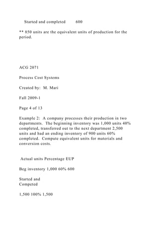 Started and completed 600
** 850 units are the equivalent units of production for the
period.
ACG 2071
Process Cost Systems
Created by: M. Mari
Fall 2009-1
Page 4 of 13
Example 2: A company processes their production in two
departments. The beginning inventory was 1,000 units 40%
completed, transferred out to the next department 2,500
units and had an ending inventory of 900 units 60%
completed. Compute equivalent units for materials and
conversion costs.
Actual units Percentage EUP
Beg inventory 1,000 60% 600
Started and
Competed
1,500 100% 1,500
 