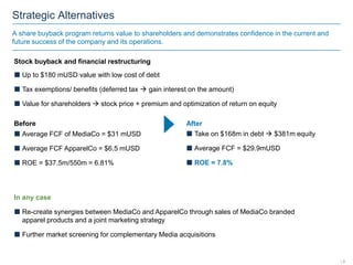 Strategic Alternatives
A share buyback program returns value to shareholders and demonstrates confidence in the current and
future success of the company and its operations.
Stock buyback and financial restructuring
 Up to $180 mUSD value with low cost of debt
 Tax exemptions/ benefits (deferred tax  gain interest on the amount)
 Value for shareholders  stock price + premium and optimization of return on equity
 Average FCF of MediaCo = $31 mUSD
 Average FCF ApparelCo = $6.5 mUSD
 ROE = $37.5m/550m = 6.81%
Before After
 Take on $168m in debt  $381m equity
 Average FCF = $29.9mUSD
 ROE = 7.8%
| 9
In any case
 Re-create synergies between MediaCo and ApparelCo through sales of MediaCo branded
apparel products and a joint marketing strategy
 Further market screening for complementary Media acquisitions
 