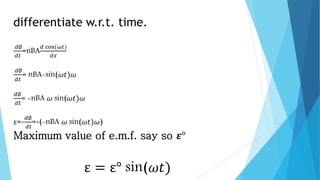 5. Each time the rotor makes one complete revolution, one
complete cycle of AC is developed.
6. A generator has many turns of wire wound into the slots
of the rotor.
7. The magnitude of AC voltage generated by an AC generator
is dependent on the field strength and speed of the rotor.
8. Most generators are operated at a constant speed;
therefore, the generated voltage depends on field
excitation, or strength.
 