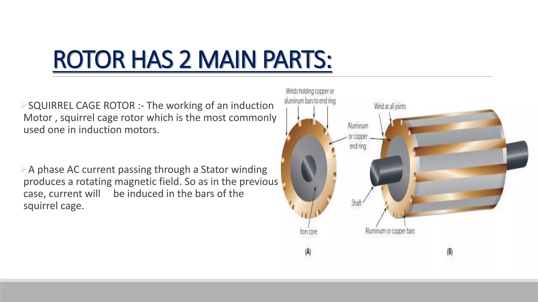 ROTOR HAS 2 MAIN PARTS:
SQUIRREL CAGE ROTOR :- The working of an induction
Motor , squirrel cage rotor which is the most commonly
used one in induction motors.
A phase AC current passing through a Stator winding
produces a rotating magnetic field. So as in the previous
case, current will be induced in the bars of the
squirrel cage.
 