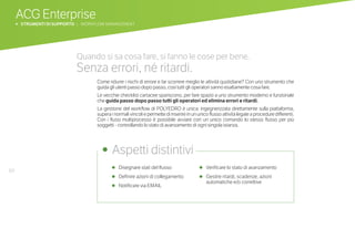 60 •	 Disegnare stati del flusso
•	 Definire azioni di collegamento
•	 Notificare via EMAIL
•	 Verificare lo stato di avanzamento
•	 Gestire ritardi, scadenze, azioni
automatiche e/o correttive
•	 Aspetti distintivi
Quando si sa cosa fare, si fanno le cose per bene.
Senza errori, né ritardi.
Come ridurre i rischi di errore e far scorrere meglio le attività quotidiane? Con uno strumento che
guida gli utenti passo dopo passo, così tutti gli operatori sanno esattamente cosa fare.
Le vecchie checklist cartacee spariscono, per fare spazio a uno strumento moderno e funzionale
che guida passo dopo passo tutti gli operatori ed elimina errori e ritardi.
La gestione del workflow di POLYEDRO è unica: ingegnerizzata direttamente sulla piattaforma,
superainormalivincoliepermettediinserireinununicoflussoattivitàlegateaproceduredifferenti.
Con i flussi multiprocesso è possibile avviare con un unico comando lo stesso flusso per più
soggetti - controllando lo stato di avanzamento di ogni singola istanza.
ACG Enterprise
b STRUMENTI DI SUPPORTO | WORKFLOW MANAGEMENT
 