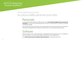 72
Dove il software può tanto,
la cultura delle persone può tutto.
Personale
Le conoscenze e le competenze delle persone sono lo strumento migliore per crescere ed
eccellere. Se anche la tua azienda la pensa così, trova in TeamSystem una risposta completa
e di altissimo profilo.
Corsiinaula,webseminar,interventimiratiepersonalizzati,eventieseminariadhoc,formazione
finanziata: tante opportunità formative da trasformare in nuove opportunità di business.
Software
Prima di partire con le nuove procedure, TeamSystem forma le persone con un modello di
servizio originale, che si basa sulle esigenze dell’azienda e dei collaboratori.
Così tutti saranno pronti a gestire ogni situazione in completa autonomia.
ACG Enterprise
b FORMAZIONE E AGGIORNAMENTO
 