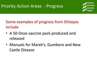 Priority Action Areas - Progress
Some examples of progress from Ethiopia
include
• A 50-Dose vaccine pack produced and
released
• Manuals for Marek’s, Gumboro and New
Castle Disease
 