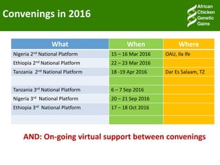 Convenings in 2016
What When Where
Nigeria 2nd National Platform 15 – 16 Mar 2016 OAU, Ila Ife
Ethiopia 2nd National Platform 22 – 23 Mar 2016
Tanzania 2nd National Platform 18 -19 Apr 2016 Dar Es Salaam, TZ
Tanzania 3rd National Platform 6 – 7 Sep 2016
Nigeria 3rd National Platform 20 – 21 Sep 2016
Ethiopia 3rd National Platform 17 – 18 Oct 2016
AND: On-going virtual support between convenings
 
