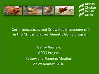Tsehay Gashaw, ILRI
Second ACGG Program Management Team
Meeting, Arusha, 27-28 January 2016
Communications and Knowledge management
in the African Chicken Genetic Gains program
 