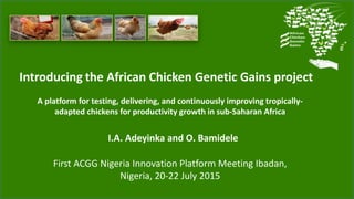 A platform for testing, delivering, and continuously improving tropically-
adapted chickens for productivity growth in sub-Saharan Africa
I.A. Adeyinka and O. Bamidele
First ACGG Nigeria Innovation Platform Meeting Ibadan,
Nigeria, 20-22 July 2015
Introducing the African Chicken Genetic Gains project
 