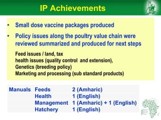 IP Achievements
• Small dose vaccine packages produced
• Policy issues along the poultry value chain were
reviewed summarized and produced for next steps
Feed issues / land, tax
health issues (quality control and extension),
Genetics (breeding policy)
Marketing and processing (sub standard products)
Manuals Feeds 2 (Amharic)
Health 1 (English)
Management 1 (Amharic) + 1 (English)
Hatchery 1 (English)
 