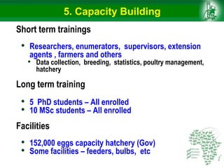 5. Capacity Building
Short term trainings
• Researchers, enumerators, supervisors, extension
agents , farmers and others
• Data collection, breeding, statistics, poultry management,
hatchery
Long term training
• 5 PhD students – All enrolled
• 10 MSc students – All enrolled
Facilities
• 152,000 eggs capacity hatchery (Gov)
• Some facilities – feeders, bulbs, etc
 