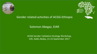 Gender related activities of ACGG-Ethiopia
Solomon Abegaz, EIAR
ACGG Gender Validation Strategy Workshop,
ILRI, Addis Ababa, 21-22 September 2017
 
