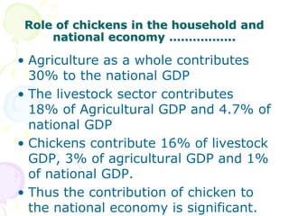Role of chickens in the household and
national economy ……………..
• Agriculture as a whole contributes
30% to the national GDP
• The livestock sector contributes
18% of Agricultural GDP and 4.7% of
national GDP
• Chickens contribute 16% of livestock
GDP, 3% of agricultural GDP and 1%
of national GDP.
• Thus the contribution of chicken to
the national economy is significant.
 