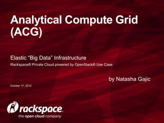 Analytical Compute Grid
(ACG)

Elastic “Big Data” Infrastructure
Rackspace® Private Cloud powered by OpenStack® Use Case



                                                     by Natasha Gajic
October 17, 2012
 