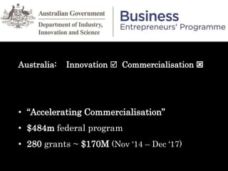 GRANTS AWARDED (1/11/14 – 1/7/17)
Australia: Innovation  Commercialisation 
• “Accelerating Commercialisation”
• $484m federal program
• 280 grants ~ $170M (Nov ‘14 – Dec ‘17)
 