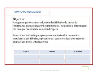 Rede de Bibliotecas Escolares
CONTO OU REALIDADE?
Objectivo:
Assegurar que os alunos adquirem habilidades de busca da
informação para alcançarem competências no acesso à informação
em qualquer actividade de aprendizagem.
Seleccionar animais que apareçam caracterizados nos contos
populares e em fábulas, e procurar as características dos mesmos
animais em livros informativos;
ANIMAL No Conto Na Realidade
 