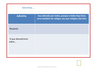 Rede de Bibliotecas Escolares
Adivinhas….
Adivinha Sou adorado por todos, porque a todos faço bem,
sirvo também de relógio, aos que relógios não têm.
Resposta
O que descobrimos
sobre….
 