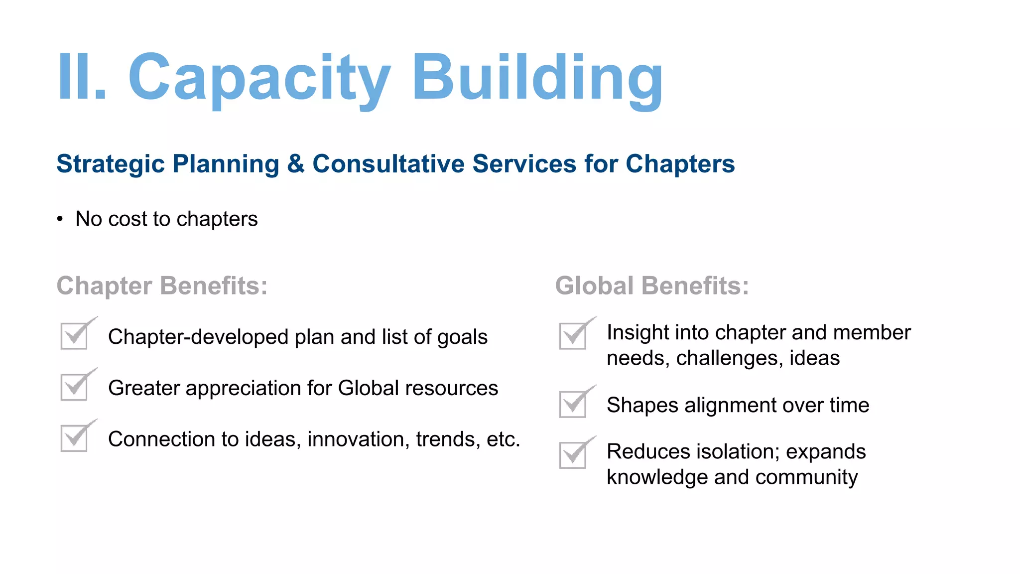 Strategic Planning & Consultative Services for Chapters
• No cost to chapters
II. Capacity Building
Chapter-developed plan and list of goals
Connection to ideas, innovation, trends, etc.
Greater appreciation for Global resources
Chapter Benefits:
Insight into chapter and member
needs, challenges, ideas
Reduces isolation; expands
knowledge and community
Shapes alignment over time
Global Benefits:
 